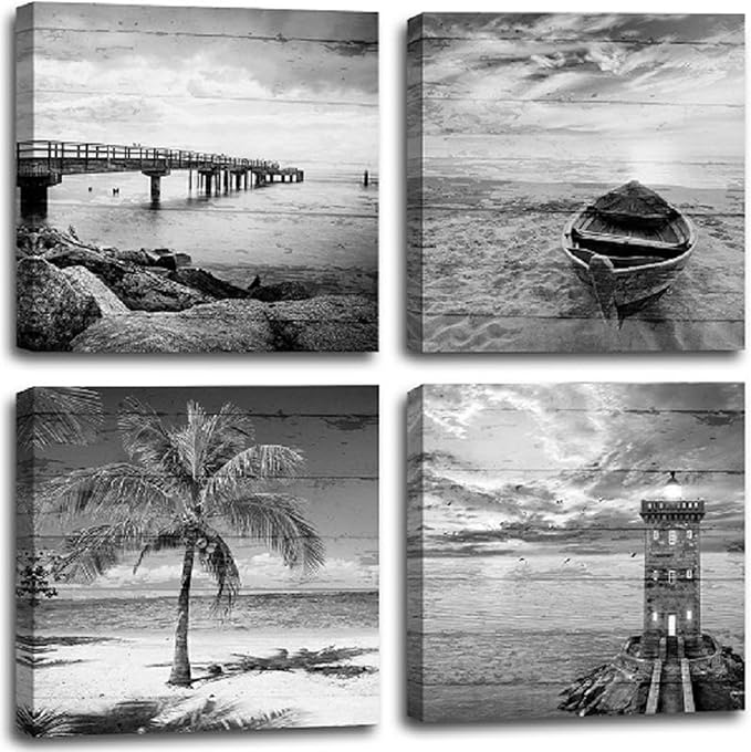 Yxbhhym- Black and White Beach Wall Art Seascape Scenery Canvas Wall Picture Print Sea Palm Poster Painting Office Décor Bedroom Bathroom Wall Art Living Room Home Kitchen Wall Decoration Framed