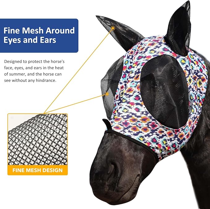 Harrison Howard Super Comfort Stretchy Fly Mask Large Eye Space with UV Protection Soft on Skin with Breathability Geo Feather M
