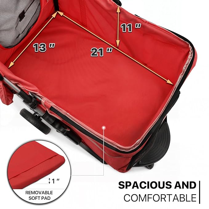 MoNiBloom 3 Wheels Pet Stroller, Foldable Puppy Cage Jogger Stroller with Weather Cover for All-Season, Storage Basket and Cup Holder, Breathable and Visible Mesh for Small/Medium Pets, Red