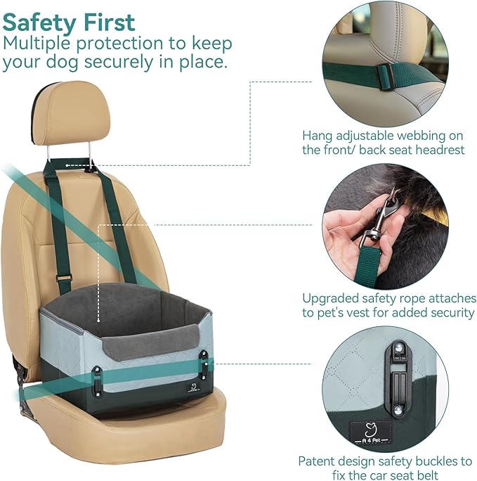 A 4 Pet Dog Car Seats for Small Dogs, Booster Car Seat with Patent Buckles & Clip-On Safety Leash, Pet Seat for Puppy Small Dogs Cats Under 25 Lbs, Green