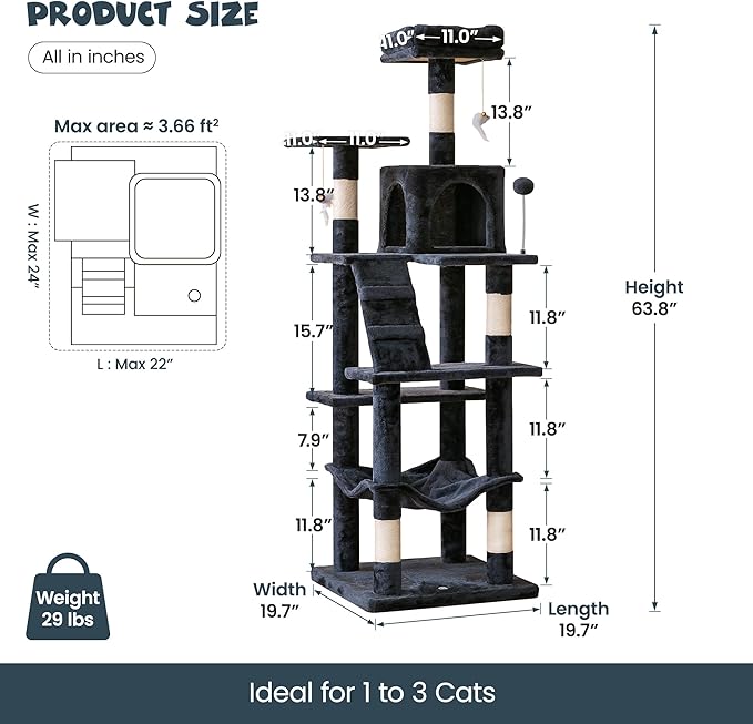 MWPO 63.8 inches Multi-Level Cat Tree for Large Cats with Sisal-Covered Scratching Posts, Padded Platform, Hammock and Condo,Stable Cat Tower Cat Condo Pet Play House-Smoky Gray