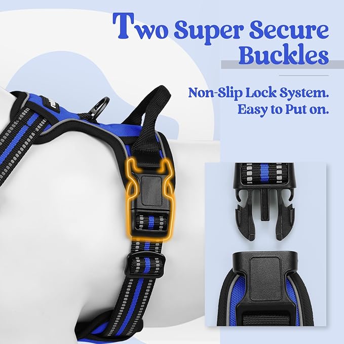 rabbitgoo Dog Harness No Pull with 2 Leash Clips, Adjustable Soft Padded, Reflective Oxford No Choke Pet Vest with Easy Control Handle for Large Dogs, Dazzling Blue, XL