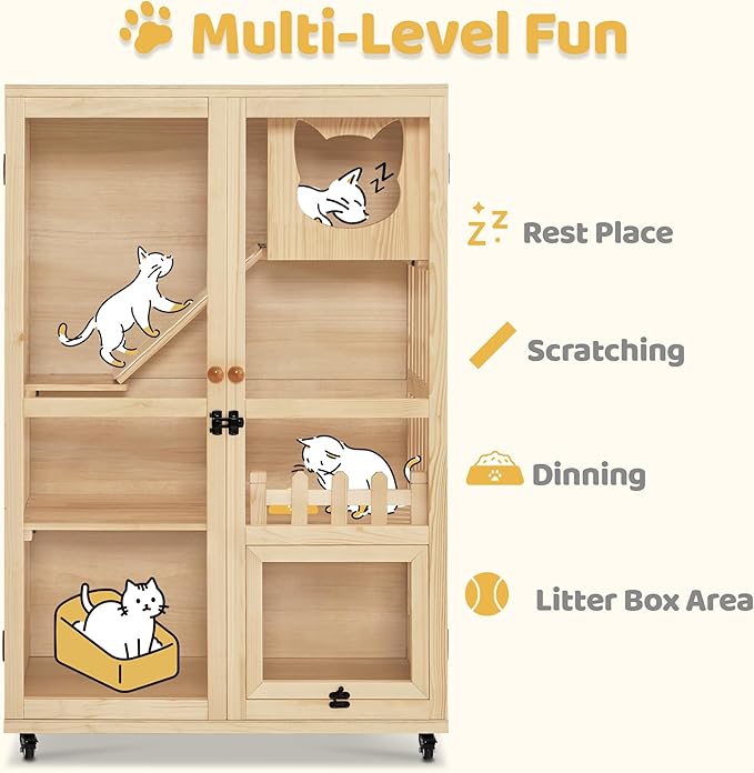 MCombo Wooden Cat Houses for Indoor Cats, Luxury Kitten House with Scratching Pad, Lockable Doors, Wheels, CT090