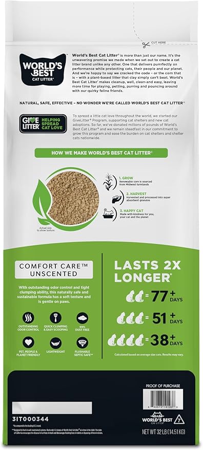 WORLD'S BEST CAT LITTER Comfort Care Unscented, 32-Pounds - Natural Ingredients, Quick Clumping, Flushable, 99% Dust Free & Made in USA - Long-Lasting Odor Control & Easy Scooping