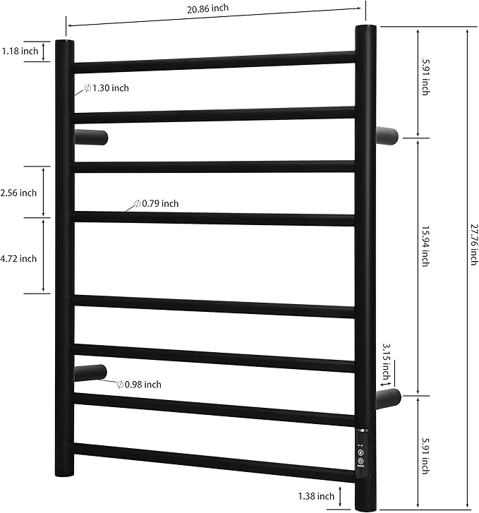 KEG Towel Warmer Wall Mounted with Built-in Timer 8 Bars Electric Stainless Steel Heated Towel Racks for Bathroom, Hot Plug-in Bath Towel Heater Matte Black (TW-8-MB)