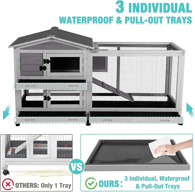 62" Rabbit Hutch with Chew-Proof Ramp & Waterproof Roof - Indoor/Outdoor Bunny Cage, 2-Story Design, 6 Lockable Caster Wheels & Dual Pull-Out Trays (Grey)