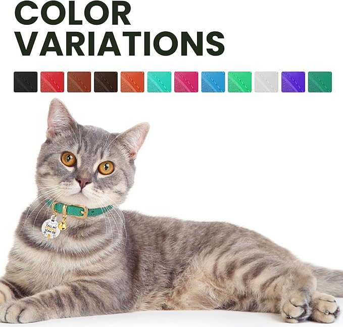 BRONZEDOG Leather Cat Collar with Removable Bells Non Breakaway Kitten QR Tag for Girl Boy (9" - 12" Cats/Mini Dogs, Green & Gold)