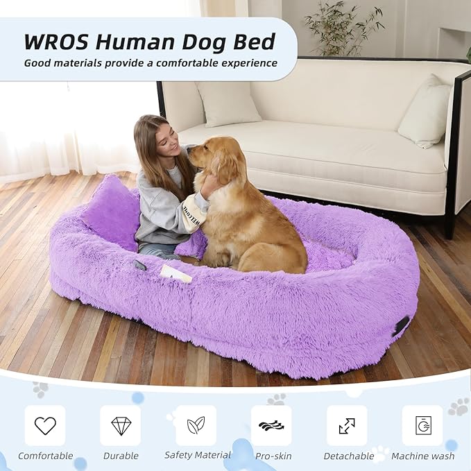 Human Dog Bed, 71''x45''x12'' Size Fits You and Pets, Washable Faux Fur Pet Bed for People Doze Off, Napping Orthopedic Dog Bed, Present Plump Pillow, Blanket, Strap - Purple