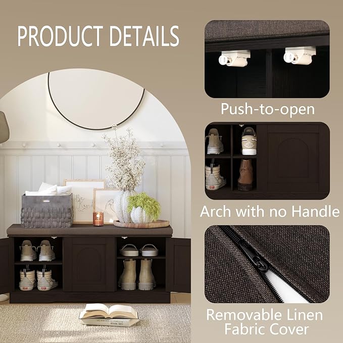 DINZI LVJ Shoe Bench, Entryway Storage Bench with Doors, Cushion, 2-Tier Shoe Rack with 6-Cubby, 39.4”L x 13.8”W Shoe Organizer Cabinet, Adjustable Shelf, Living Room, Bedroom, Espresso