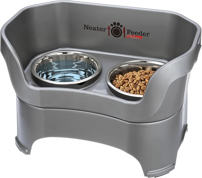Neater Pet Brands Neater Feeder Deluxe Mess Proof Dog Bowls Elevated for Large Dogs Over 40 lbs, Made in USA, No Spill Raised Dog Food Bowl Stand Feeding Station, Food and Water Bowl Set, Grey