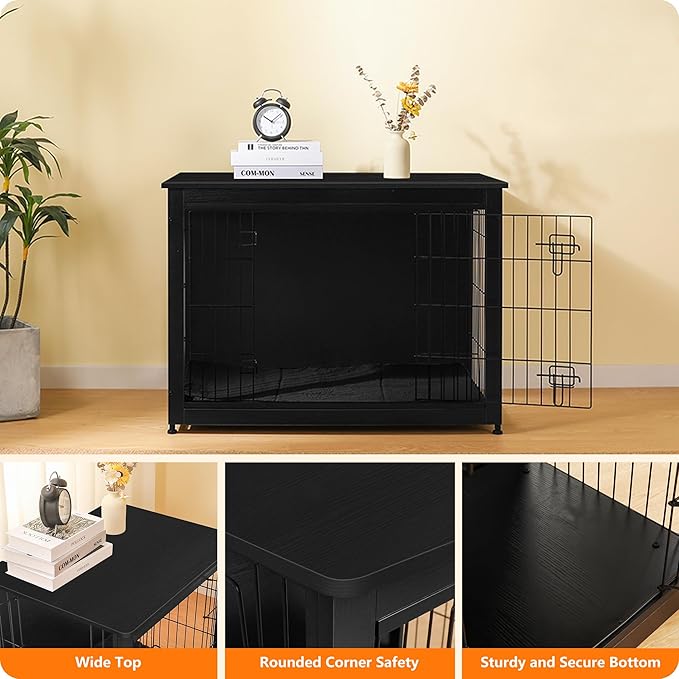 DWANTON Dog Crate Furniture with Cushion, Wooden Kennel Table with Double Doors, Indoor Dog House, Large Size, 38.5" L, Black