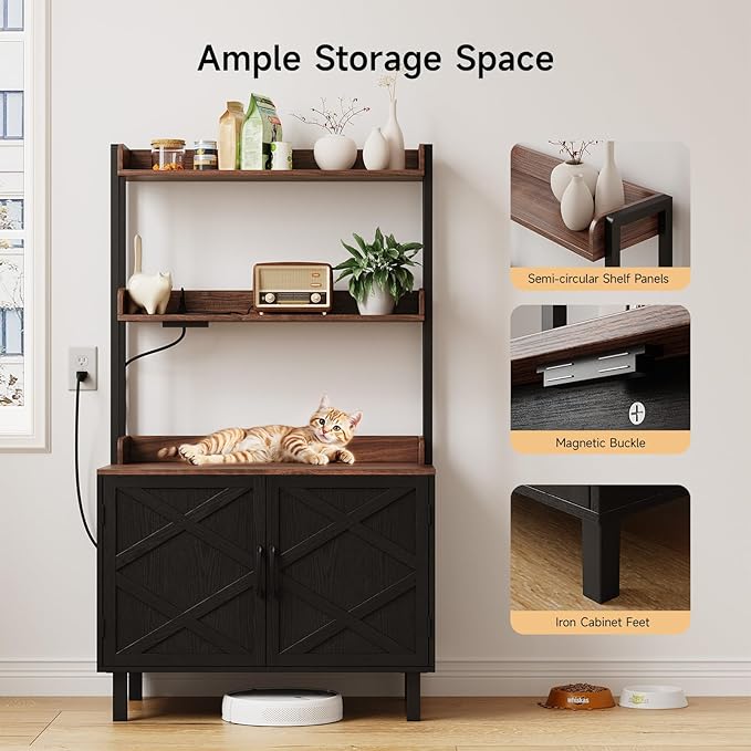 55 Inches Cat Litter Box Enclosure, Hidden Litter Box Furniture with 2 Storage Shelves and Charging Sockets, Wooden Cat House, Large Indoor Cabinet for Living Room & Entryway, Black