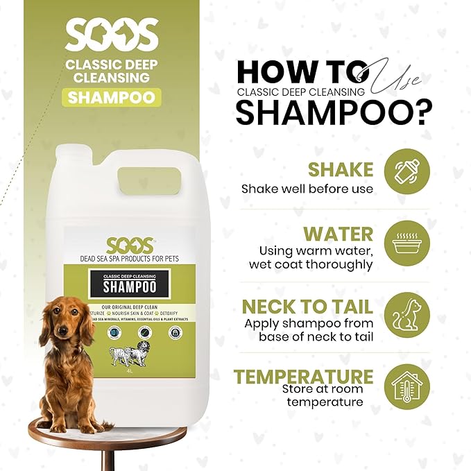 Soos Pet Classic Deep Cleansing Shampoo for Dogs and Cats Natural Dead Sea Minerals Fast Absorbing Coat with Vitamins Essential Oils Natural Ingredients - 1x (4L Gallon)