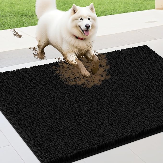 IM HOME 30" x 20" Black Dog Door Mats for Muddy Paws, Chenille Absorbent Dog Mat, Non Slip Heavy Mud Mat for Dogs, Soft Pet Bed Mat for Entryway, Mud Paws, Inside Floor