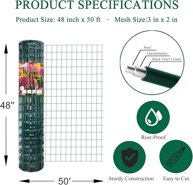 Green PVC Coated Welded Wire Fence 48 Inch x 50 Foot, 2 Inch x 3 Inch 16GA, Garden Border Fencing Roll Vinyl Coating Metal Wire Mesh for Yard Vegetable Plant Protection Poultry Netting