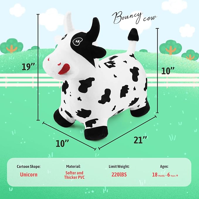 EVERICH TOY Bouncy Horse Cow Toys, Inflatable Bouncing Animal Hopping Toys, Outdoor Indoor Ride on Bouncer, Boys Girls Birthday Gift for 18 Month 2 3 4 5 6 Year Old Kid- Plush Cow Toy