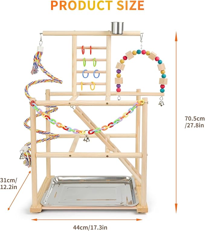 Bird Playground, Parrots Playstand for Small to Medium Birds, Perch Stand with 3 Ladders Playgym with Rope Perch, Swings Feeder Cups Bird Cage Accessories for Conure Cockatiel Lovebirds