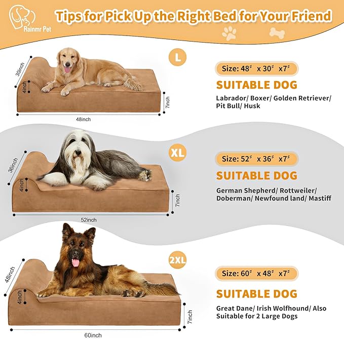 Orthopedic Dog Beds for Large Dogs, 7" Memory Foam Dog Beds with Waterproof Liner, Chew Proof Microsuede Cover, Removable and Washable, Nonskid Bottom, 48"x30" L Khaki
