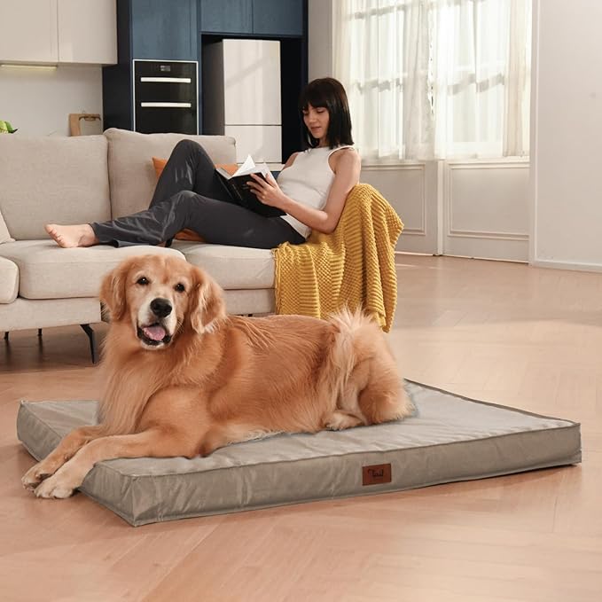 Outdoor Dog Bed for Medium Dogs, Waterproof Dog Crate Bed for Puppy Beds, Orthopedic Egg Crate Foam Pet Bed with Washable and Removable Oxford Cover, Khaki