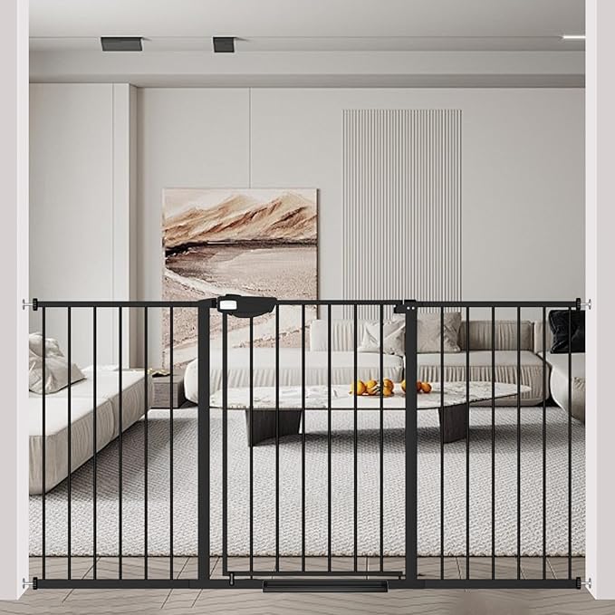 WAOWAO Triple Lock Baby Gate Extra Wide 57.87-62.59" Pressure Mounted Walk Through Swing Auto Close Safety Black Metal Dog Pet Puppy Cat for Stairs,Doorways,Kitchen