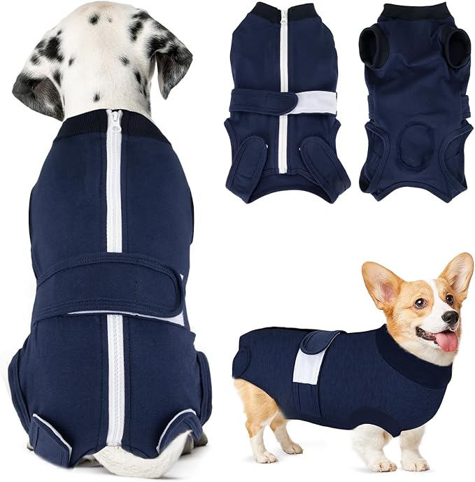 Lukovee Recovery Suit for Dogs, Zipper-On Onesie for Female Male Dog, Abdominal Wounds Cone E-Collar Alternative, Prevent Licking Spay (L, Dark Blue)