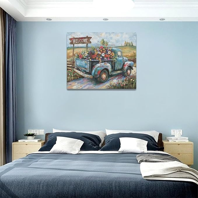 Farmhouse Truck Wall Art Rustic Country Wildflowers Wall Decor Road Flowers Landscape Pictures Canvas Print Painting Artwork for Bathroom Living Room Bedroom 16"x20"