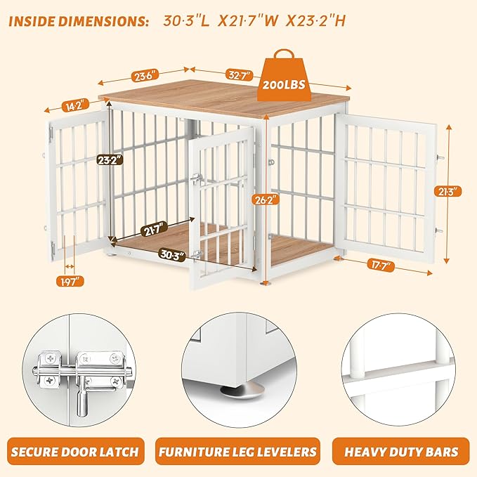 32 Inch Heavy Duty Dog Crate Furniture for Medium and Small Dogs, Decorative Pet House End Table, Wooden Cage Kennel Furniture Indoor, Natural and White