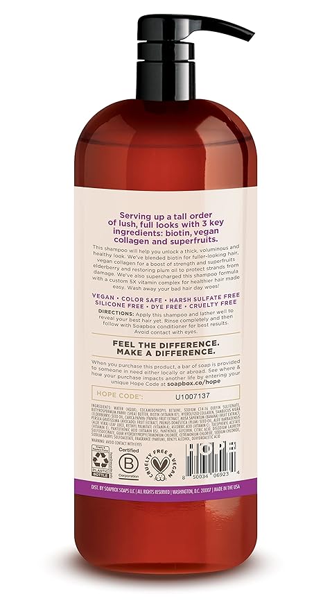 Soapbox Biotin Shampoo, Biotin & Collagen Super Fruit Shampoo for Thin, Fine, Thinning Hair | Volumizing & Repairing to Promote Hair Growth, Strength, Fullness, 1 Liter Pump Bottle