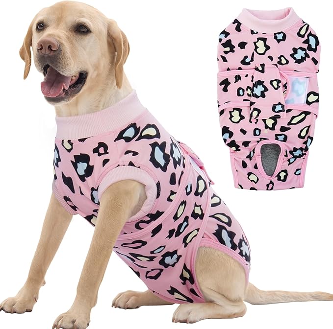 FUAMEY Recovery Suit for Dogs After Surgery,Soft Breathable Dog Bodysuit E-Collar & Cone Alternative Surgical Suit,Male Female Dog Neuter Spay Suits Anti Licking Wounds Onesie Pink Leopard XL