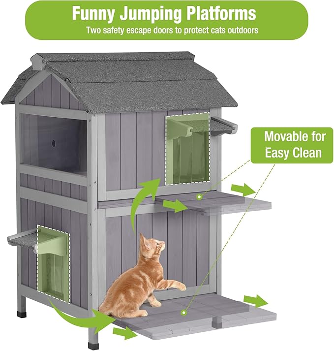 GUTINNEEN Outdoor Cat House Weatherproof Feral Cat Shelter with Escape Doors - 2-Story（AIR94）