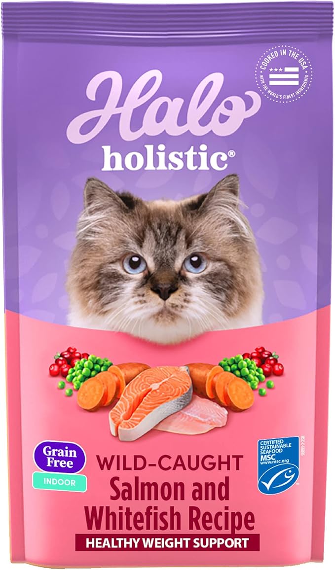 Halo Holistic Cat Food Wild Caught Salmon & Whitefish Formula, Grain Free Dry Cat Food, For Healthy Weight Support, Kibble for Indoor Cats, 10 lb Bag