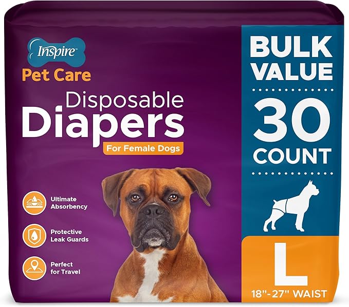 Inspire Pet Care Dog Diapers Female Dogs | Bulk Value Doggie Incontinence, Accidents, for Heat, Pee or Period and Housebreaking (Large (30 Count))