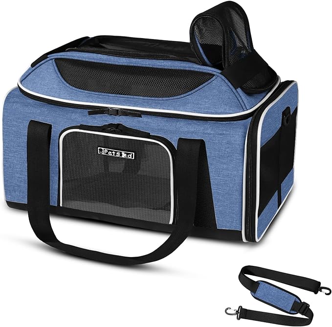 Petskd Top-Expandable Pet Carrier 17x12x8.5 Inches JetBlue Allegiant Spirit Airline Approved, Soft-Sided Carrier for Small Cats and Dogs with Locking Safety Zippers and Anti-Scratch Mesh(Blue)