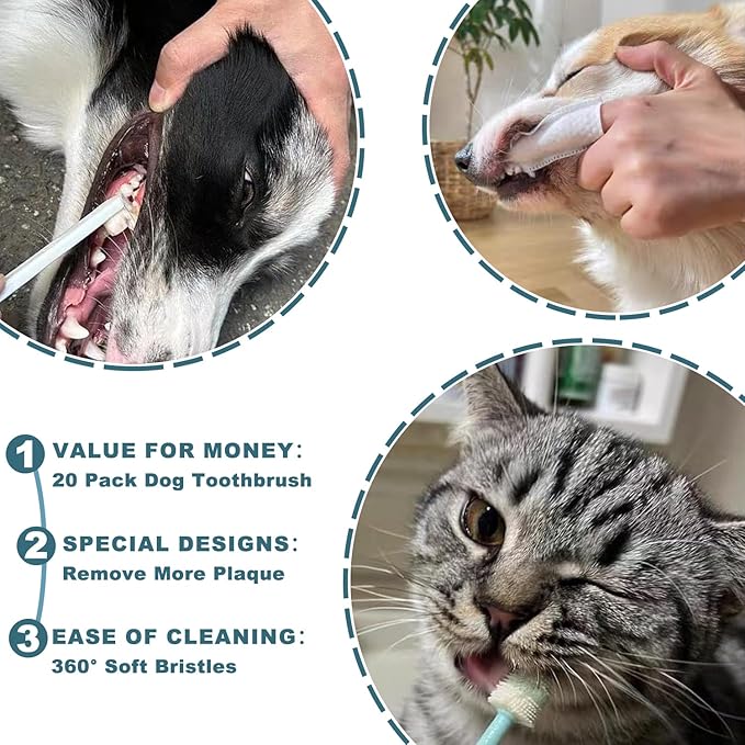 Dog Toothbrush Kit, 360-Degree Finger Three-Sided Design, Replaceable Tooth Brush Heads,Easy Teeth Cleaning & Dental Care, 20Pack