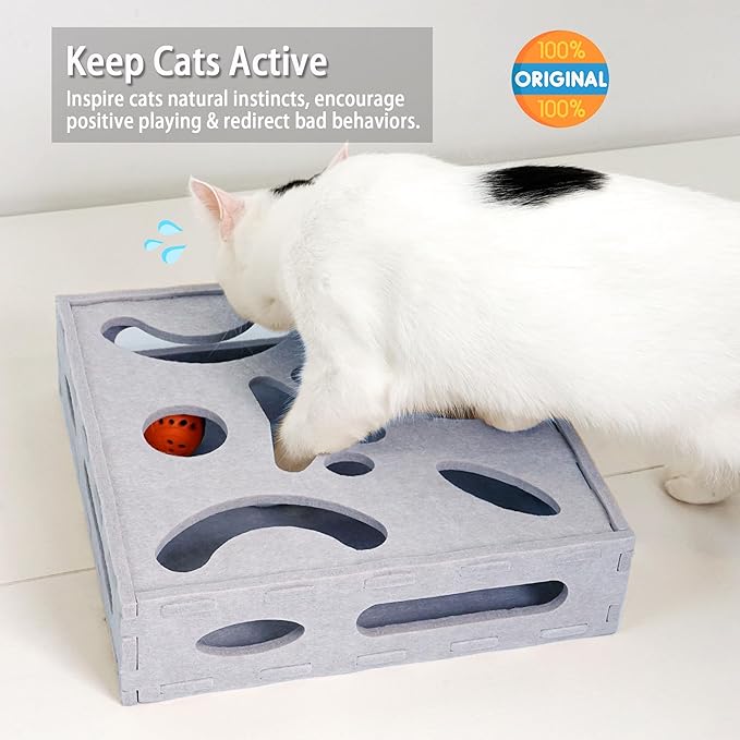 PETKARAY Felt Cat Puzzle Toy, Interactive Cat Toys for Indoor Cats, Interactive Maze for Kitten Felt Puzzle Box with Ball, Grey