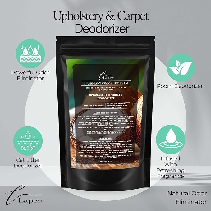Mahogany Coconut Dream Carpet Freshener Powder: Powerful Odor Eliminator for Home, Upholstery Deodorizer, Carpet Deodorizer, Pet Urine, Cat Litter Box - Mahogany Coconut Dream Fragrance.