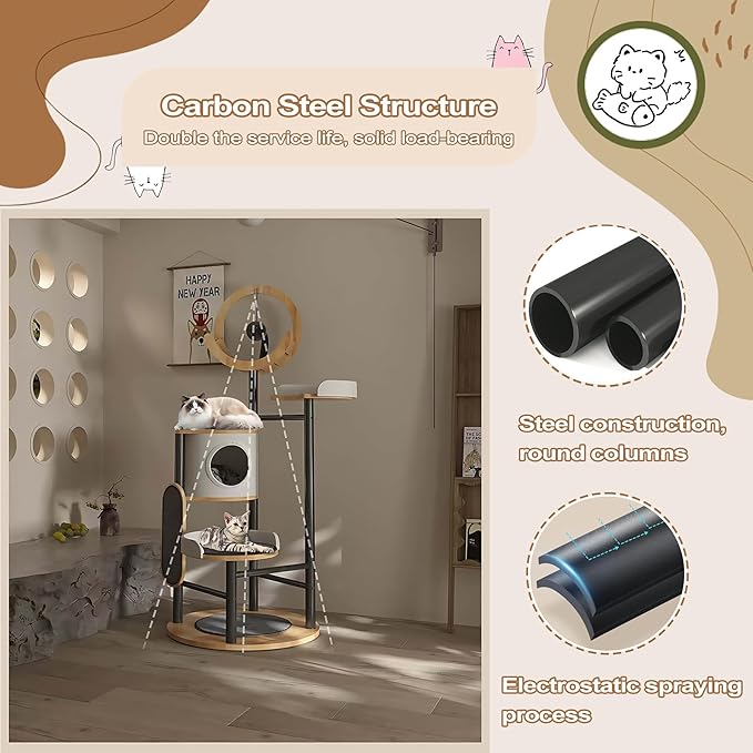 Cat Tree, 66In Cat Tower with Scratching Post, Tall Multi-Level Cat Houses for Indoor Cats Large Adult, Cute Cat Post Cat Condos with Dangling Ball,Plush Platform, Hammock, Big Cats Climbing Tower