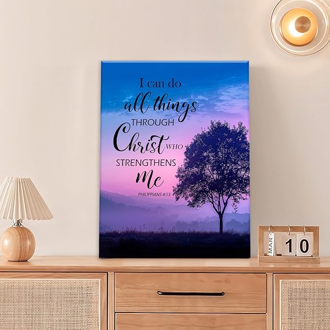 Christian Tree Wall Art I Can Do All Things Canvas Wall Decor Prints Framed Painting Purple Pictures Gifts Artwork for Bathroom Bedroom 12"x16"