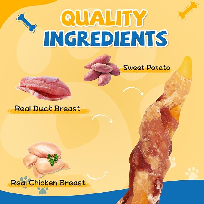 gazeupon Dog Treats，Chicken&Duck Wrapped Sweet Potato，Healthy Training Snacks for Dogs, Rawhide Free,14.1 oz
