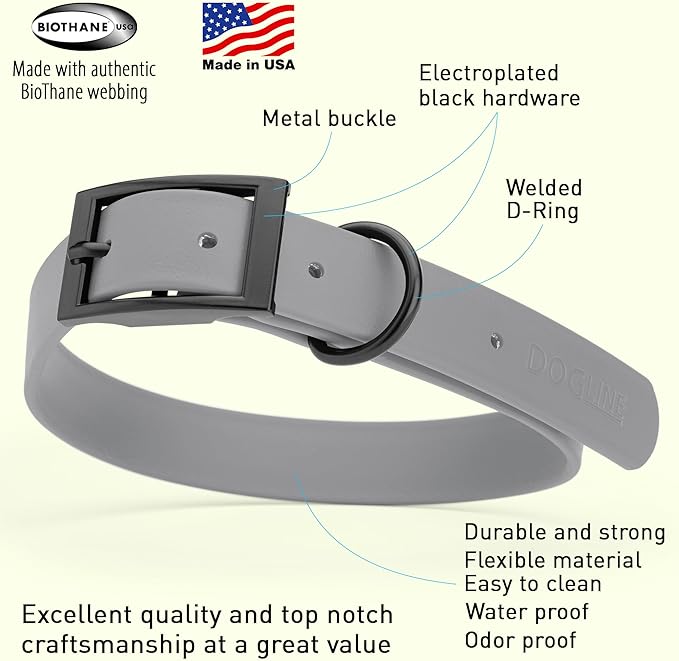 Dogline Biothane Waterproof Dog Collar Strong Coated Nylon Webbing with Black Hardware Odor- Proof for Easy Care Easy to Clean High Performance Fits Small Medium or Large Dogs, Battleship Gray