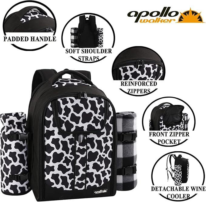 apollo walker Picnic Backpack Bag for 2 Person with Cooler Compartment, Detachable Bottle/Wine Holder, Fleece Blanket, Plates and Cutlery Set (2 Person, Black)