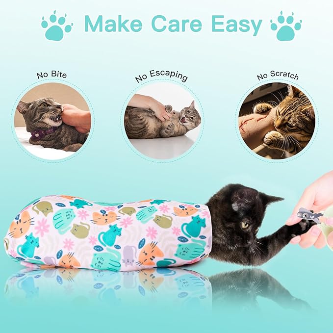 21.7" Cat Grooming Wrap, Cat Wrap for Cutting Nails, Self-Adherent Fabric Wrap for Cats, Cat Burrito Wrap Anti-Scratch, Anti-Escape, Multifunctional Swaddle Wrap Pet Tool (Green Kitten, Large)