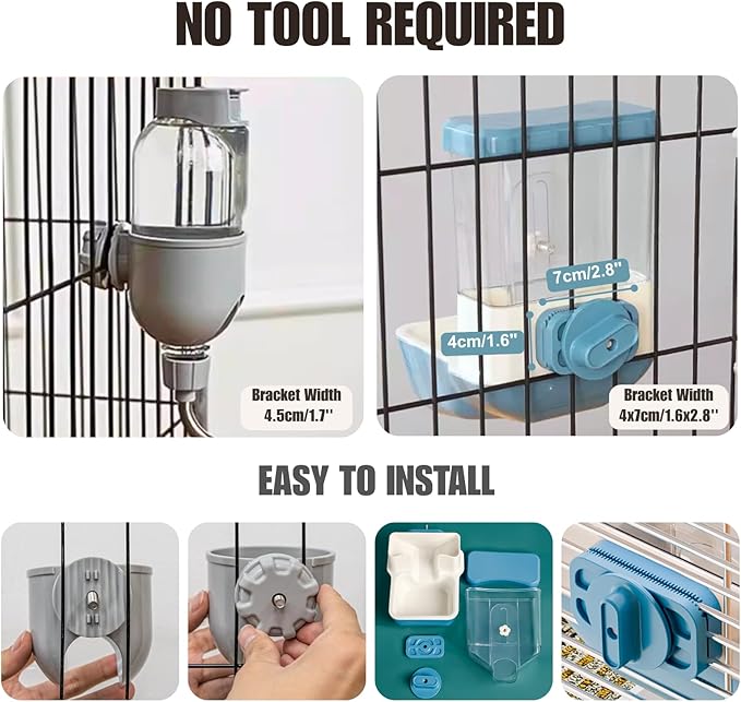 Automatic Pet Food Water Dispenser, Auto Gravity Pet Feeder Water Bottle Set for Crate Cage, Feeding Station for Small Dog Cat Rabbit Guinea Pigs Chinchilla Ferret Hedgehog (Gray)
