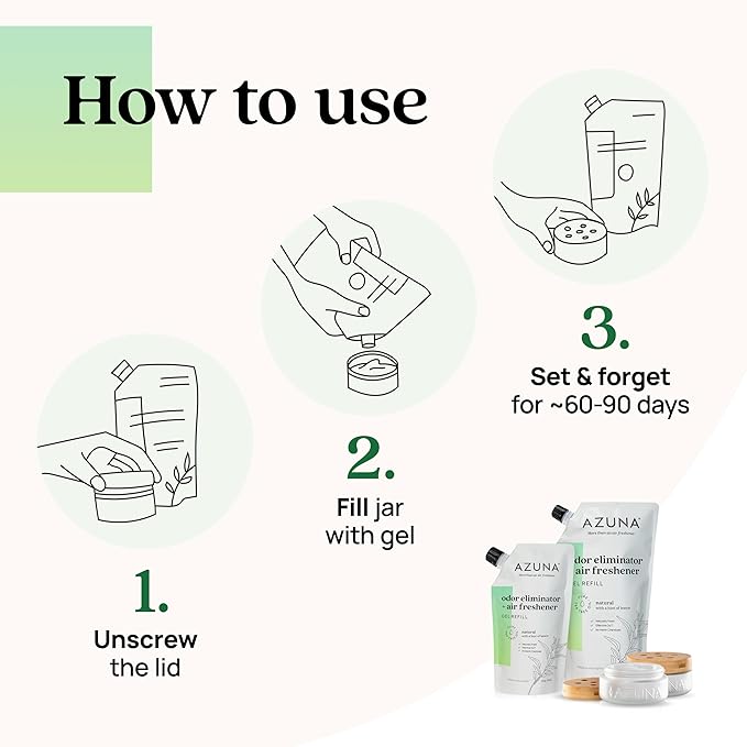 Azuna Air Freshener & Odor Eliminator for Strong Odor | 4 Room Kit Includes (4) 8 oz. Empty Luxe Glass Jars & 24oz Gel | Refill with Tea Tree Essential Oil | Natural Scent | Last 60-90 Days