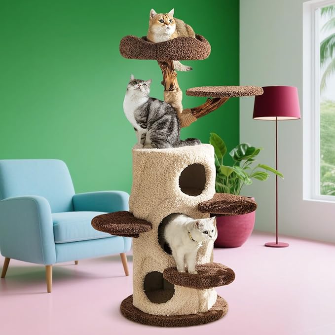 54.7'' Modern Cat Tree for Indoor Cats Large Adult, Wood Cat Tree with 3 Spacious Condos, Luxury Cat Tower with Cozy Perch, Scratching Post, Sturdy Kitty House Furniture for Small Medium Large Cats