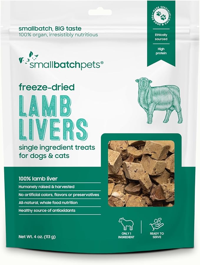 smallbatch Freeze Dried Dog Treats, Lamb Liver Treats for Dogs & Cats, High Protein, Single Ingredient Dog Treat for Training or Food Topper, Natural, Humanely Sourced Meat, Made in The USA, 4 oz