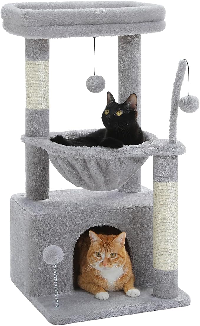 PEQULTI 4-in-1 Cat Tree, 33'' Cat Tower for Indoor Cats with Large Cat Condo, Scratching Post for Cats with Deep Hammock& Cozy Top Perch, Grey