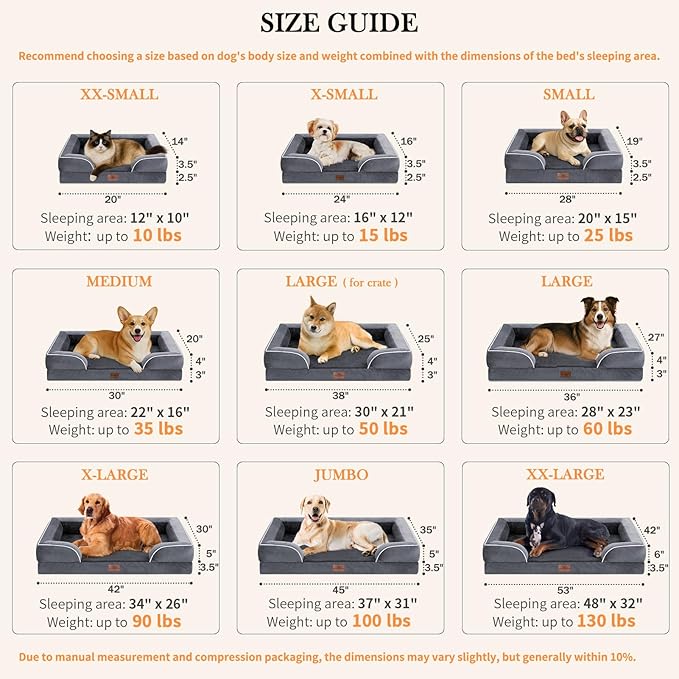 Comfort Expression XL Dog Bed with Bolster, Waterproof Orthopedic Foam Dog Beds for Extra Large Dogs, Washable Dogs Sofa Pet Bed with Removable Cover & Non-Slip Bottom(X-Large,Dark Grey)