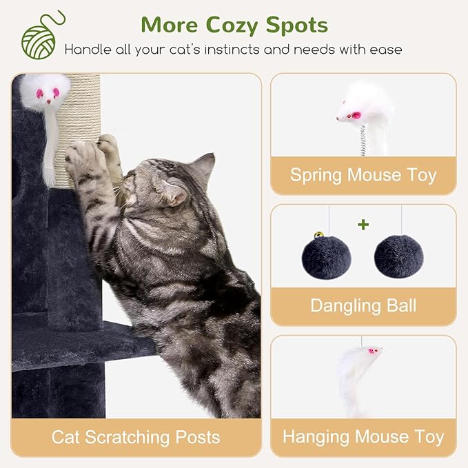 Globlazer Cat Tree Tower for Indoor Cats, 50-inch Adult Cat Tree House for Large Adult Cats with Steps, Scratching Post, 2 Cat Caves, Dangling Toys, FC50, Dark Grey