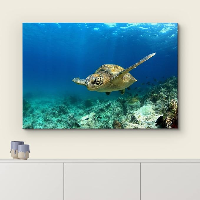 wall26 - Green Sea Turtle in Deep Ocean Sea Canvas Art Wall Art - 32"x48"